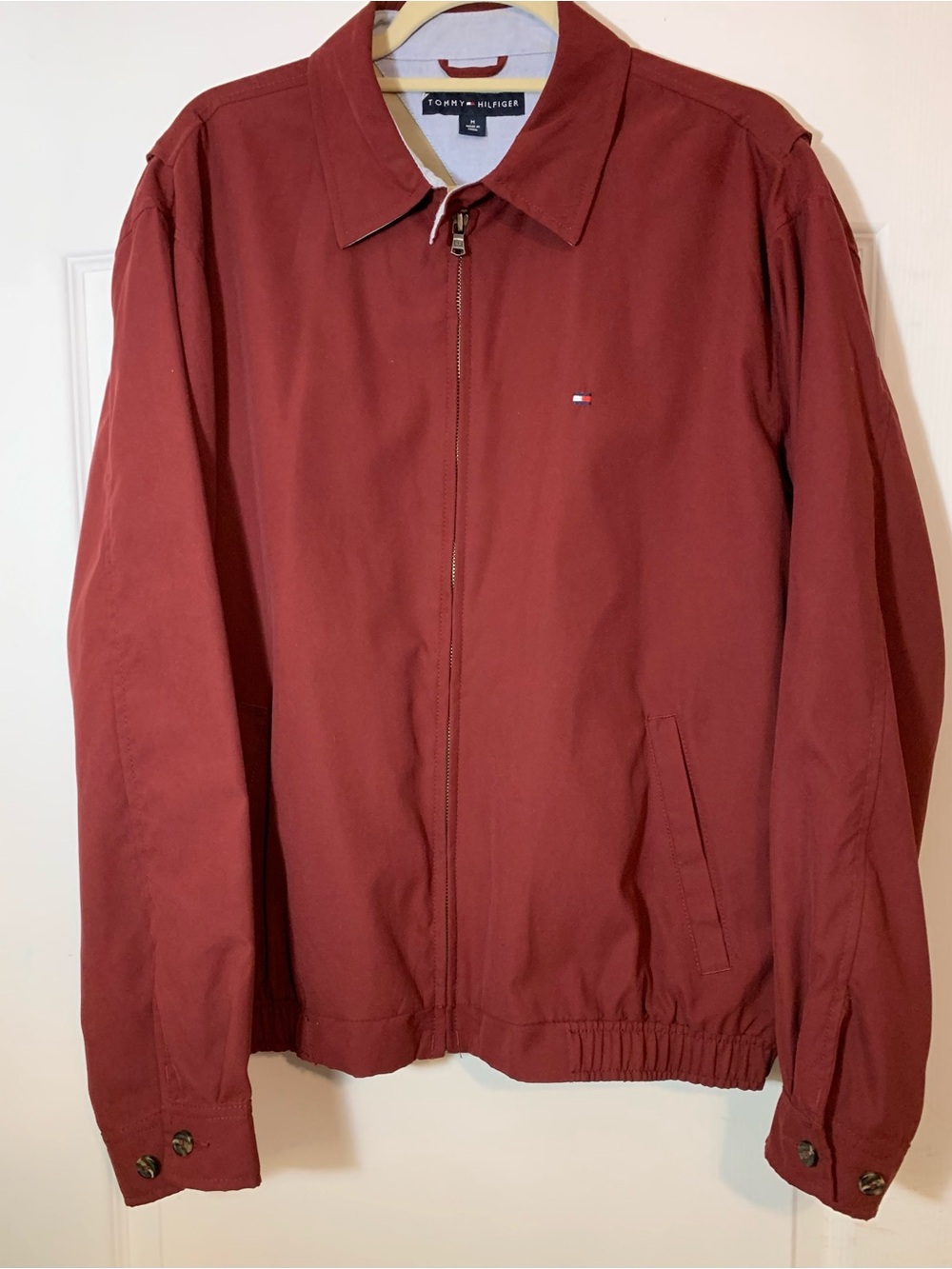 Tommy Hilfiger Red Bomber Jacket Men’s Medium Full Zip Streetwear Fall